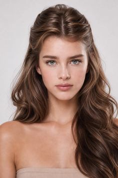 Woman with long wavy brown hair and blue eyes in a studio portrait
