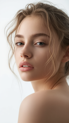 Woman with blonde messy hair and bare shoulders looking over her shoulder