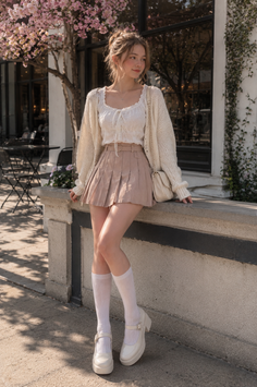 Woman in a pleated skirt and cardigan posing outdoors under cherry blossoms