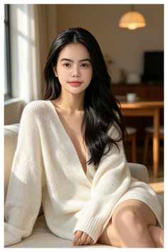 Woman with long black hair wearing a white deep V-neck sweater indoors