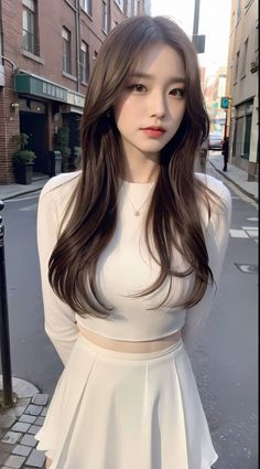 Woman with long brown hair wearing a white crop top and mini skirt on a street