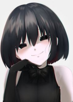 Anime girl with short black hair, wearing a black dress and gloves