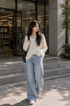 Woman with long hair wearing a v-neck sweater and wide-leg jeans outside a library