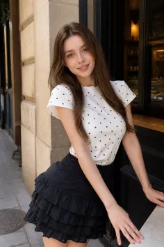 Woman in a polka dot top and ruffle skirt smiling outdoors