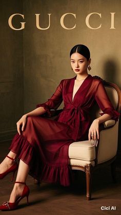 Woman in a sheer red dress and red heels sitting in an elegant chair