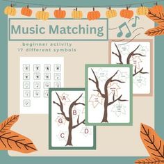 Music matching game with an autumn theme and pumpkin garland