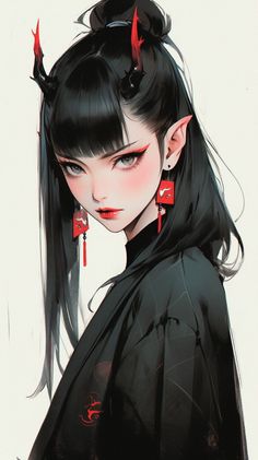 Anime style portrait of a character with red horns, elf ears, and red makeup