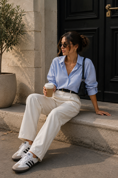 Woman in a striped shirt and white pants sitting outdoors with a coffee cup