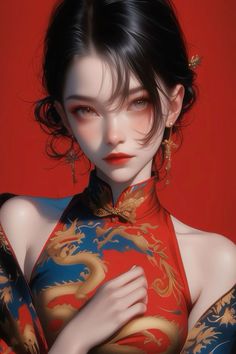 Woman in a red and blue cheongsam with gold dragon patterns against a red background