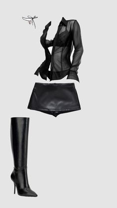Black sheer shirt with bra, leather shorts, and high heel boots