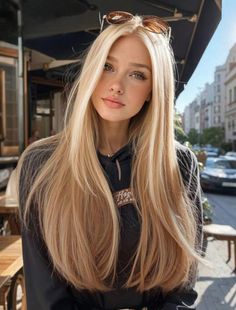Woman with long blonde hair and sunglasses on her head, wearing a hoodie outdoors