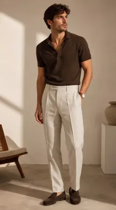 Man in a brown polo shirt and light pants standing indoors