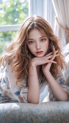 Woman with long wavy hair in a floral top, resting her chin on her hands
