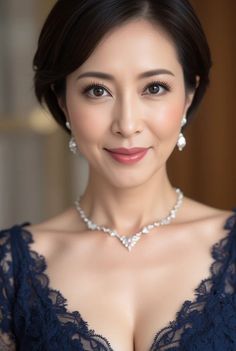 Woman with short dark hair wearing a lace dress and jewelry
