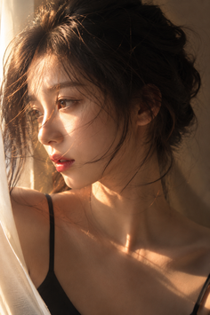Woman with dark hair in soft backlight, looking out a window