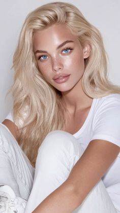 Woman with blonde hair and blue eyes wearing a white t-shirt