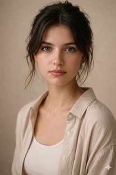 Woman with dark hair in a messy bun wearing a collared shirt over a tank top