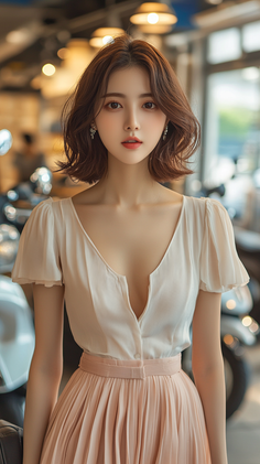 Woman with short brown hair wearing a white top and pink pleated skirt indoors