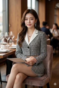 Woman in a plaid suit sitting at a table in a restaurant