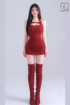 Woman in a red dress and thigh-high boots posing in a studio