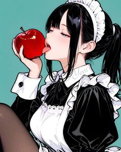 Anime girl in a maid outfit licking a red apple