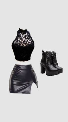 Black lace top with a leather mini skirt and platform boots