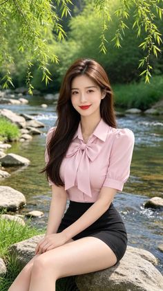 Woman with long hair in a pink blouse and black skirt sitting by a river