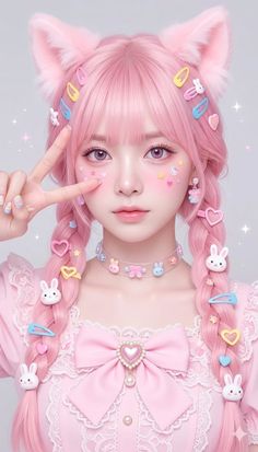 Girl with pink hair, cat ears, and braids in a kawaii style