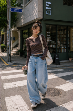 Woman in a striped crop top and baggy jeans walking on a street