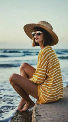 Woman in a straw hat and striped shirt sitting by the ocean