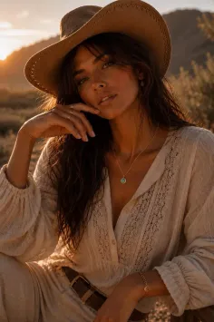 Woman in a cowboy hat and light-colored top at golden hour outdoors