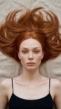 Woman with red hair and freckles lying down, looking at the camera