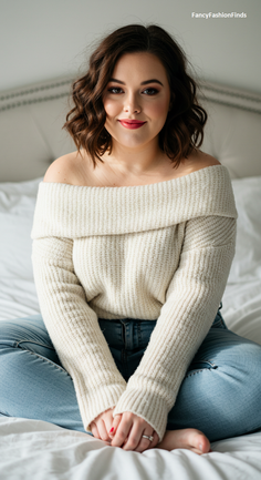 Woman in an off-shoulder sweater and jeans sitting on a bed