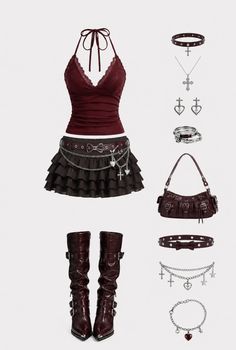 Gothic style outfit with a halter top, mini skirt, and knee-high boots