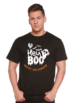 Man in a black t-shirt with a 'Hey Boo Happy Halloween' graphic