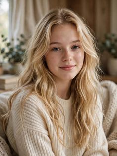 Young woman with blonde hair and freckles wearing a cream sweater indoors
