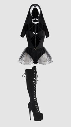 Black nun-themed costume with a bodysuit, tulle skirt, and thigh-high boots