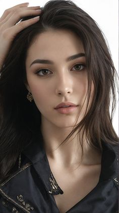 Woman with long dark hair and earrings wearing a black shirt