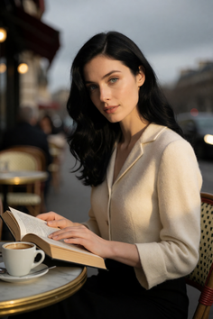 Woman with long black hair reading a book at an outdoor cafe
