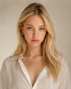 Woman with blonde hair wearing a white shirt and gold jewelry