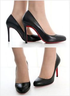 Pair of black high heels with red soles shown from different angles