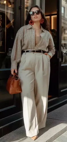 Woman in a plaid shirt and wide leg pants with sunglasses and flower earrings