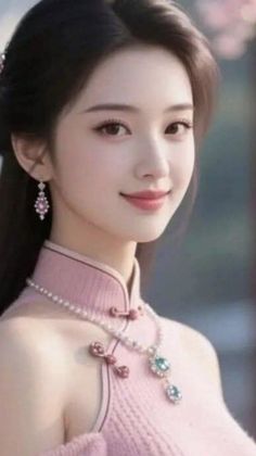 Woman in a pink dress with a pearl necklace and earrings