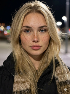 Woman with blonde hair and freckles wearing a plaid scarf at night