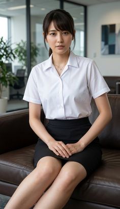 Woman in a white shirt and black skirt sitting on a brown couch in an office