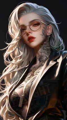 Woman with long blonde hair, glasses, and tattoos wearing a leather jacket