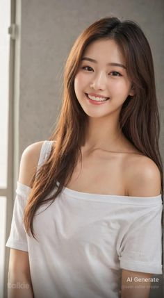 Smiling woman with long brown hair wearing a white off-shoulder top