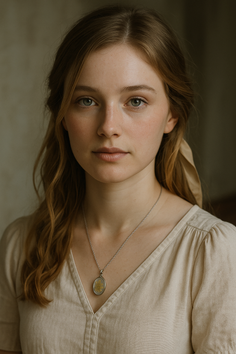 Woman with long hair and a v-neck top wearing a pendant necklace