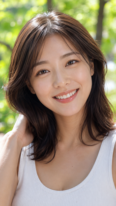 Woman with short brown hair smiling in a white tank top outdoors