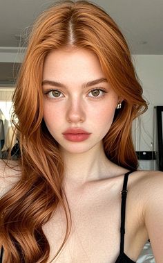 Woman with long red hair and freckles wearing a black strap top